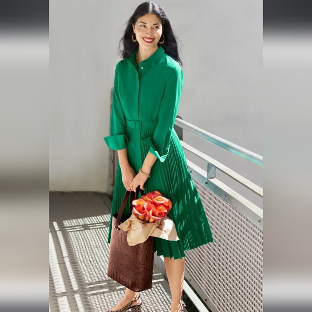 Boden green pleated shirt dress